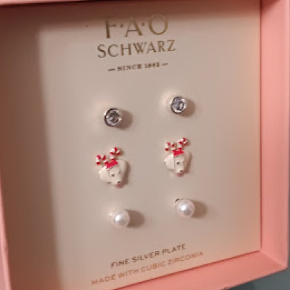 FAO SCHWARZ 3pc Silver Plated Round CZ/Dog w/ Candy Cane Antlers/Pearl Earrings